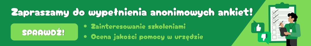 Baner ogłaszający dostępność ankiet dla klientów urzędu - kliknięcie tutaj przenosi użytkownika do listy ankiet